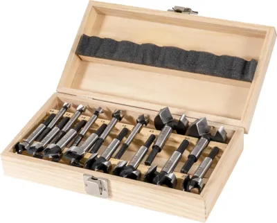 Produktbild von STIER Forstnerbohrer-Set in Holz-Kasette, 15-teilig (Durchmesser 10 - 50 mm), 8 - 9 mm Schaft, für Hart- & Weichholz, Forstner Bohrersatz, Forstner Bohrer Set