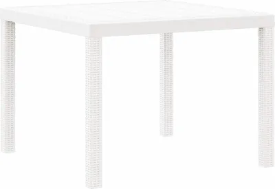A white poly-rattan garden table is shown against a white background.