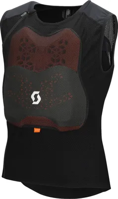 A black protective vest with red padding and a white logo.