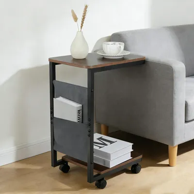 Productafbeelding van C-vormige bijzettafel met wielen, ideaal voor kleine ruimtes