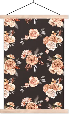 Produktbild von MuchoWow® Textilposter Rosen - Blätter - Schwarz 60x90 cm mit holzfarbenen Rahmen - Textil