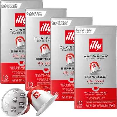 A group of Illy Classico coffee capsule boxes and two loose capsules.