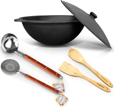 Produktbild von Uzbekisch Gusseisen Kazan 6L WOK Asia Kasan Schaumlöffel Namangan казан