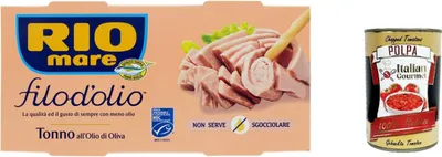 Produktbild von 6x Rio mare filo d'olio Tonno all'Olio di Oliva, Thunfisch mit weniger Olivenöl 2 x 130 g + Italian Gourmet polpa 400g