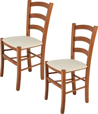 Produktbild von t m c s Tommychairs - 2er Set Stühle VENICE für Küche und Esszimmer, Struktur aus lackiertem Buchenholz im Farbton Kirschholz und gepolsterte gepolsterte Sitzfläche mit STOFF in der Farbe Elfenbein bezogen