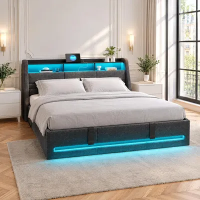 Productafbeelding van INONEFT Gestoffeerd bed 160x200 cm met LED-verlichting en USB-poorten, hydraulisch boxspringbed met opbergruimte, tweepersoonsbed met opbergruimte en lattenbodem, linnen, grijs