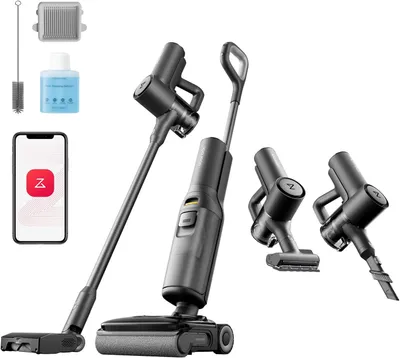 A collection of vacuum cleaner components and accessories, including a smartphone displaying an app, arranged on a white background.