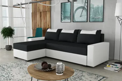 Produktbild von Ecksofa Schlafsofa Sofa HEDVIG Kunstleder/Stoff Weiß- Schwarz Ottomane Links