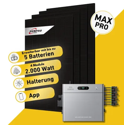 Produktbild von 2000 Watt, Bifazial Komplettset, Balkonkraftwerk, Zendure Solarflow 2400 Pro, Halterung Balkon