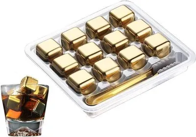 Obrázok produktu pre Obľúbené kocky ľadu z nehrdzavejúcej ocele – ideálne na whisky, víno a destiláty – zlaté kocky ľadu z ocele