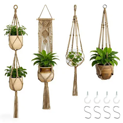 Image de Suspension pour plantes en macramé 4 pièces – Suspension bohème pour l'intérieur et l'extérieur, suspension en corde de coton, pot de fleurs suspendu, convient pour les plafonds, les balcons et les murs, marron