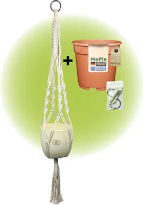 Produktbild von MePla - Set - Ampel Makramee Naturbeige - Basel ø13 Perlmutt + Kulturtopf ø12 + Beipack-Set 21550-001