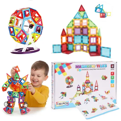 Zdjęcie produktu dla Klocki magnetyczne konstrukcyjne domek autko przyczepka 130 elementów