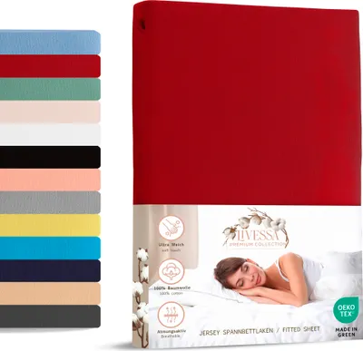 A red fitted sheet is shown next to a stack of fitted sheets in various colors, with packaging and marketing information below.