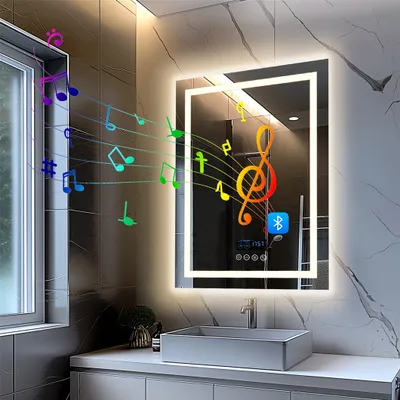Produktbild von WISFOR Lustro łazienkowe LED z głośnikiem Bluetooth, lustro łazienkowe 70×90 cm z oświetleniem w 3 kolorach, lustro ścienne LED z funkcją ściemniania, bezmgielne