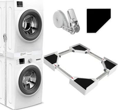 A stacked washing machine and dryer, a strap, and a movable base for appliances are displayed against a white background.