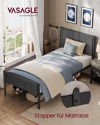 Produktbild von VASAGLE Einzelbett, Bettgestell, 90 x 200 cm, mit gepolstertem Kopfteil, Bettrahmen, Stahl, trägt bis zu 250 kg, grau