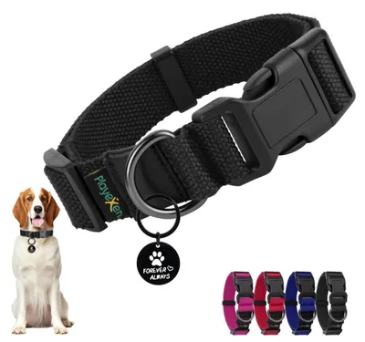 Immagine prodotto di Collare per cani, regolabile da 35 a 50 cm, in cotone nero, taglia M, con ciondolo