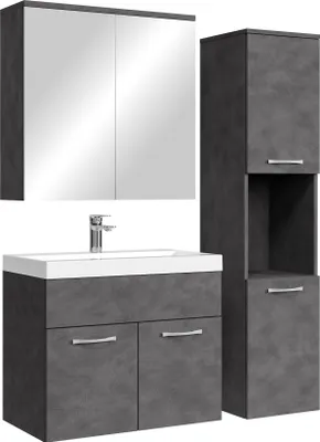 A modern bathroom vanity set with a sink, mirror cabinet, and a tall storage cabinet, all in a dark gray finish.