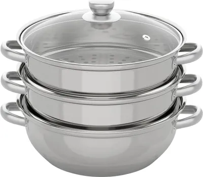 Produktbild von Edelstahl Dampfgarer - Dampfkochtopf 28 cm - 3‑Etagen - Große Kapazität - Mit Deckel - Für Gemüse, Lebensmittel, Suppe