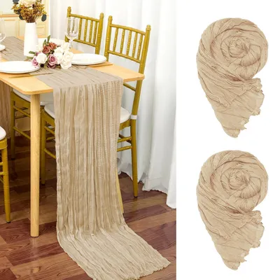 Productafbeelding van Twee linnen tafelrunners, beige, 90 x 300 cm, katoenen stof, boheems, rustiek