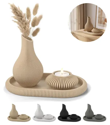 Immagine prodotto di Vaso rigato stile japandi con vassoio e portacandela LED, set decorativo – Beige