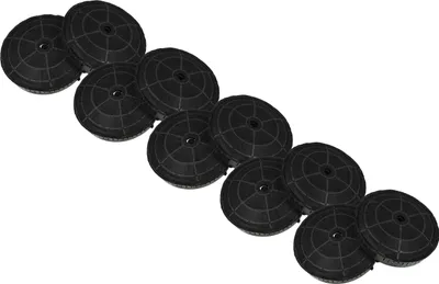 A set of 10 black circular charcoal filters arranged diagonally on a white background.