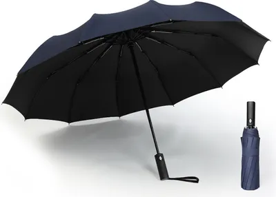 Image de parapluie triple automatique, étanche au vent, compact Parapluie imperméable à ouverture / fermeture automatique avec revêtement téflon, 12 baleines, bleu marine