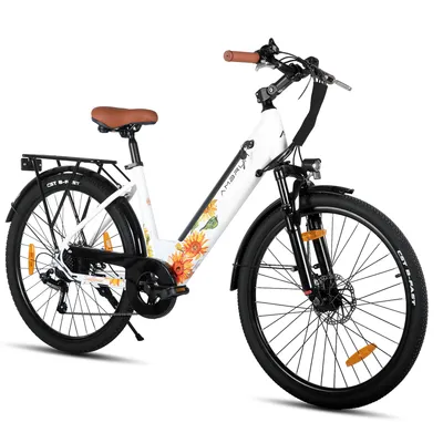 Produktbild von Hiland 26 Zoll 7-Gang 250W Elektrofahrrad für Männer und Frauen, Elektrisches Citybike mit 36V 7,8Ah Akku, mit Vorder- und Rücklicht, Weiß