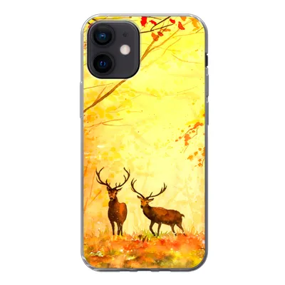 Produktbild von MuchoWow® Handyhülle Schutzhülle Hülle für iPhone 12 Natur - Ölfarbe - Hirsche - Tiere - Herbst - Orange Silikon Softcase Handy Hülle - Schutzhülle