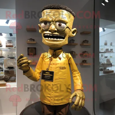 Productafbeelding van Gouden Frankenstein mascotte REDBROKOLY kostuum personage gekleed met een Henley T-shirt en manchetknopen