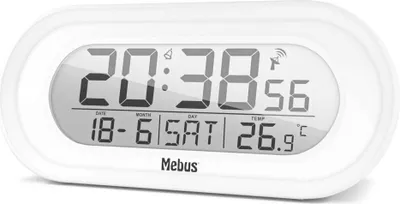 A white digital alarm clock with a clear display showing the time, date, day, and temperature.