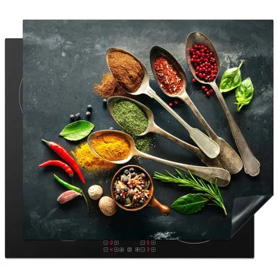 Obrázek produktu pro KitchenYeah® Krycí deska na sporák lžíce - bylinky - beton, 59x51cm, dekorace do kuchyně, keramická krycí deska na sporák, krycí deska na sporák