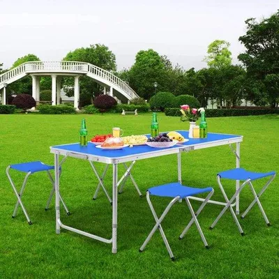 Produktbild von Famanu Klapptisch Camping- und Picknicktisch - Blau - 120 cm faltbar - mit 4 Hockern