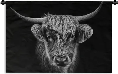 Produktbild von MuchoWow® Wandteppich Wandbehang Schottisches Hochlandrind - Schwarz - Kuh - Tiere 60x40 cm Tapisserie Dekoration Wandtuch - Wanddekorationen