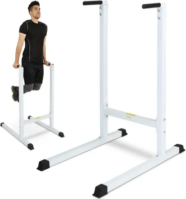 Produktbild von Physionics® Dip Station - bis 120kg, 103/67/123cm, Freistehend, Bizeps, Trizeps, Bauch- und Rückentraining, Gepolsterte Griffe, aus Metall, Weiß - Dipstangen, Dip Barren, Dipständer, Dip-Station