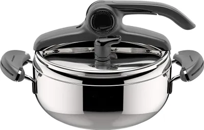 A studio shot of a silver pressure cooker on a white background.