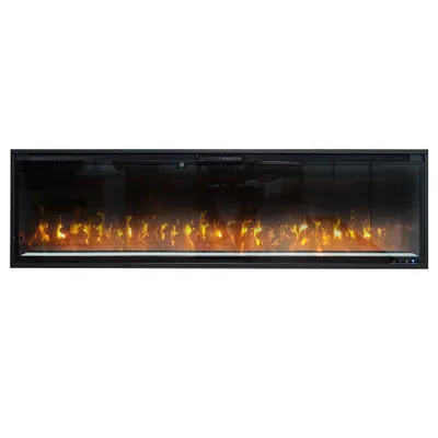 A long, rectangular electric fireplace with a black frame and a simulated flame effect.
