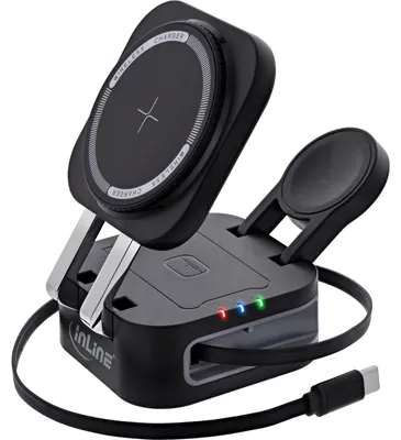 Immagine prodotto di Caricabatterie wireless InLine® 3 in 1, 15 W, compatibile con Qi e MagSafe, cavo da 0,8 m