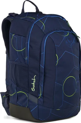 A navy blue backpack with a geometric pattern of blue lines and green circles.