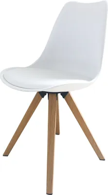 A single white chair with wooden legs on a white background.