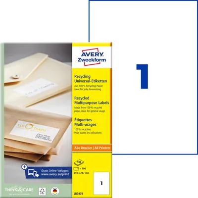 Produktbild von Avery Zweckform LR3478, Recycling Universal-Etiketten, A4, 210 x 297 mm, 100 Etiketten / 100 Bögen, naturweiß