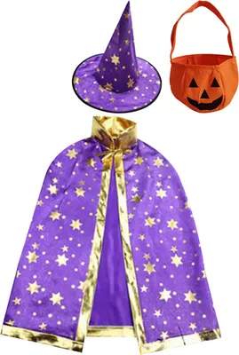 Produktbild von Verstellbarer Halloween-Umhang mit Pentagramm-Druck und Zaubererhut, Handtasche, bequemes, atmungsaktives Kostüm