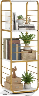 Immagine prodotto di COSTWAY Libreria a 4 ripiani, scaffale da 360° con struttura in metallo, scaffale da ufficio, scaffale decorativo, scaffale portaoggetti, oro e bianco, 40x40x115 cm