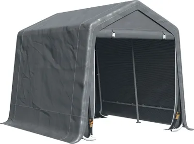 A dark gray outdoor motorcycle garage tent.