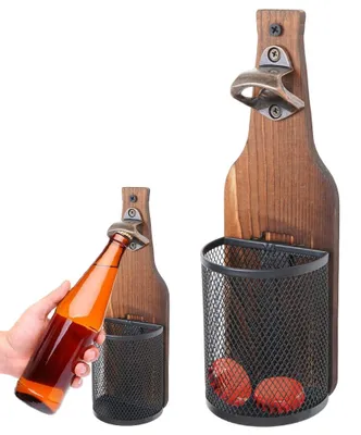 Wandflaschenöffner aus Holz mit Auffangbehälter, Vintage
