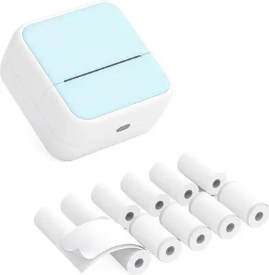 Image de Mini-imprimante Bluetooth, imprimante à papier thermique, avec 6 rouleaux de papier thermique et 5 feuilles autocollantes (57 x 26 mm, bleu)