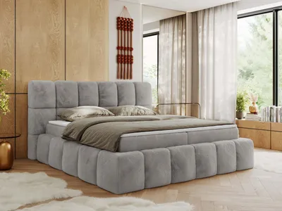 Produktbild von MKS MEBLE Boxspringbett, Doppelbett NIRA mit dekorativem Kopfteil, Multipocket-Matratze und Topper, Polsterbett mit Bettkästen - 120 x 200 cm - H3 - Hellgrau Plüsch