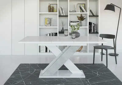 Produktbild von INOBA home Esstisch Ausziehbar Weiß Hochglanz/Betonoptik B:120-160 cm H:75 cm T:90 cm - Tisch für Esszimmer - Küchentisch - Esszimmertisch - Modern Dining Table - Esszimmertische Eterna Kollektion
