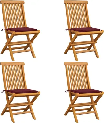 Image de Chaises de jardin avec coussins rouge bordeaux lot de 4 Teck